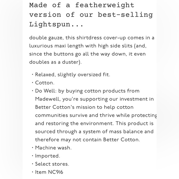 •new• MADEWELL Lightestspun Coverup Maxi Shirt Dress - Picture 6 of 12